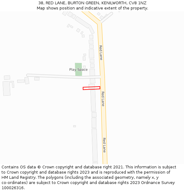 38, RED LANE, BURTON GREEN, KENILWORTH, CV8 1NZ: Location map and indicative extent of plot