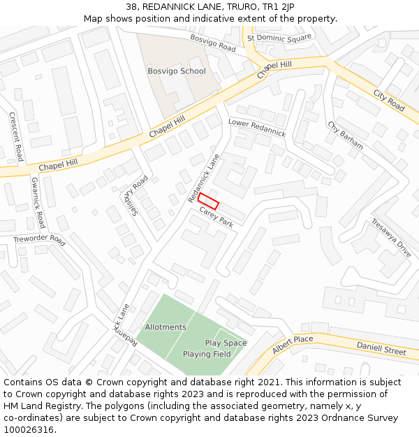 38, REDANNICK LANE, TRURO, TR1 2JP: Location map and indicative extent of plot