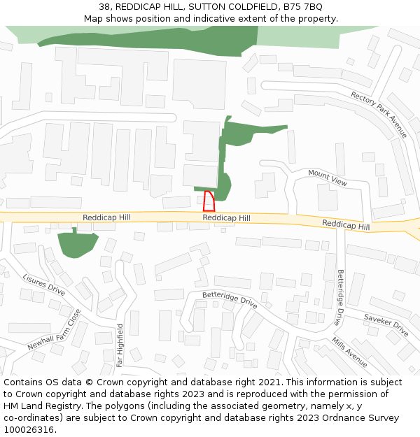 38, REDDICAP HILL, SUTTON COLDFIELD, B75 7BQ: Location map and indicative extent of plot