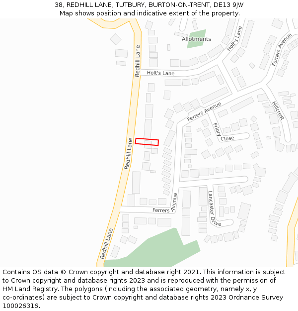 38, REDHILL LANE, TUTBURY, BURTON-ON-TRENT, DE13 9JW: Location map and indicative extent of plot