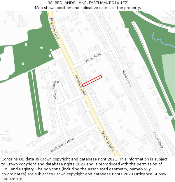 38, REDLANDS LANE, FAREHAM, PO14 1EZ: Location map and indicative extent of plot