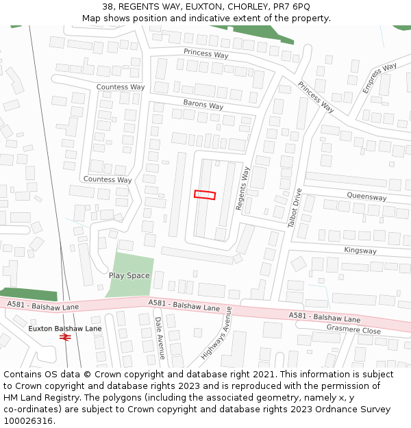 38, REGENTS WAY, EUXTON, CHORLEY, PR7 6PQ: Location map and indicative extent of plot