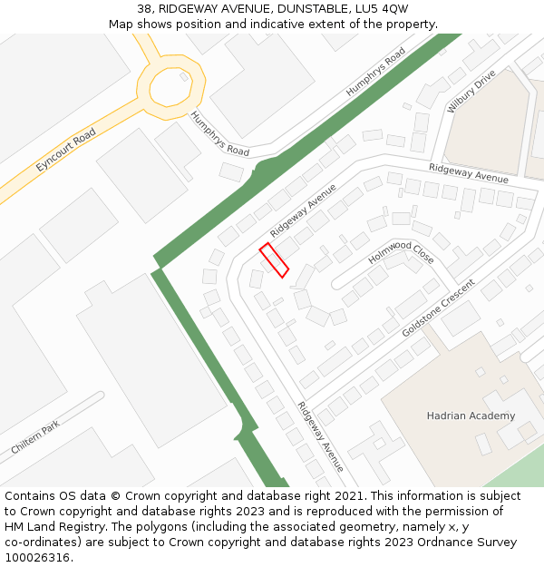 38, RIDGEWAY AVENUE, DUNSTABLE, LU5 4QW: Location map and indicative extent of plot