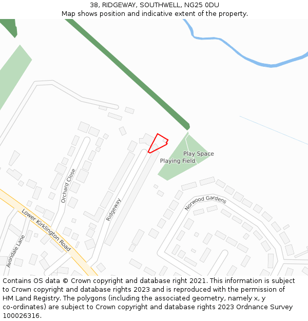 38, RIDGEWAY, SOUTHWELL, NG25 0DU: Location map and indicative extent of plot