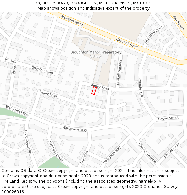 38, RIPLEY ROAD, BROUGHTON, MILTON KEYNES, MK10 7BE: Location map and indicative extent of plot