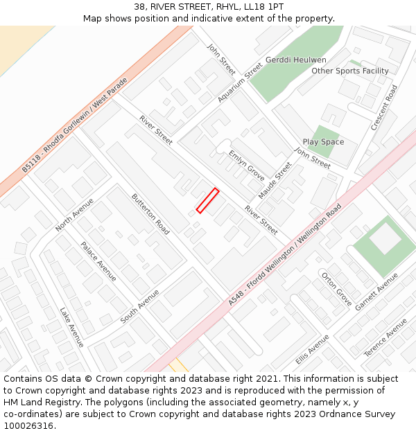 38, RIVER STREET, RHYL, LL18 1PT: Location map and indicative extent of plot