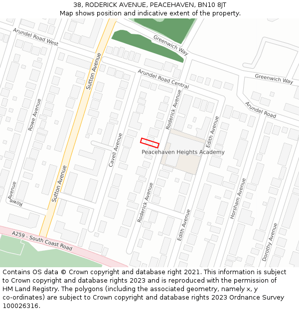 38, RODERICK AVENUE, PEACEHAVEN, BN10 8JT: Location map and indicative extent of plot