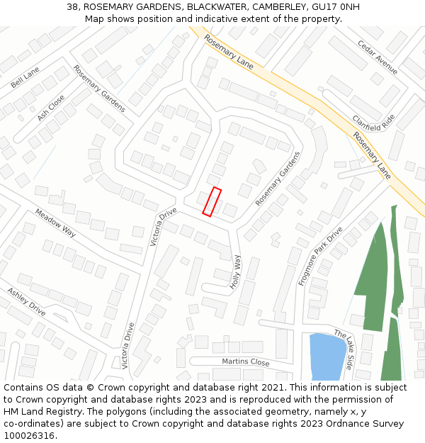 38, ROSEMARY GARDENS, BLACKWATER, CAMBERLEY, GU17 0NH: Location map and indicative extent of plot