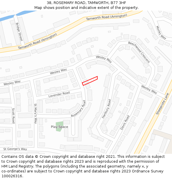 38, ROSEMARY ROAD, TAMWORTH, B77 3HF: Location map and indicative extent of plot