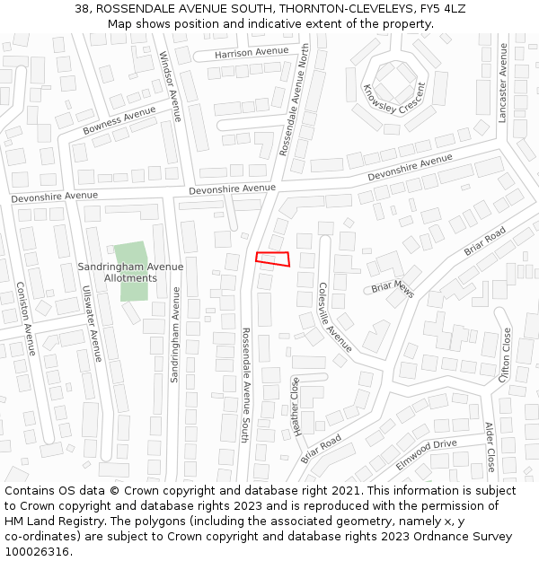 38, ROSSENDALE AVENUE SOUTH, THORNTON-CLEVELEYS, FY5 4LZ: Location map and indicative extent of plot