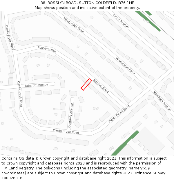 38, ROSSLYN ROAD, SUTTON COLDFIELD, B76 1HF: Location map and indicative extent of plot