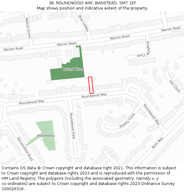 38, ROUNDWOOD WAY, BANSTEAD, SM7 1EF: Location map and indicative extent of plot