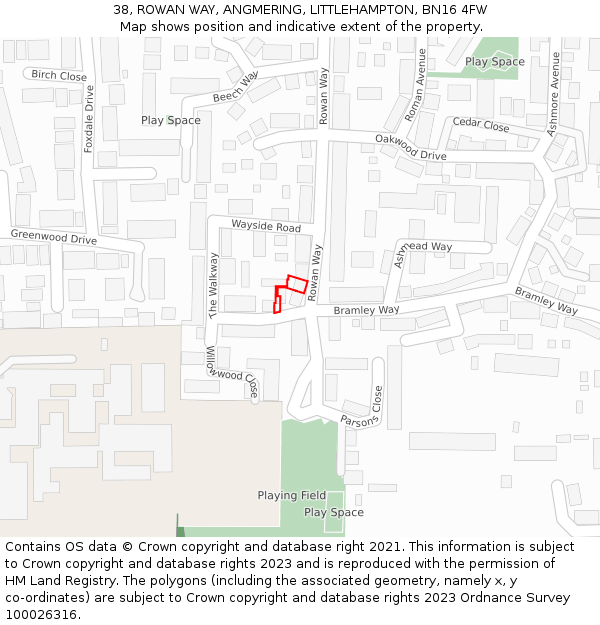 38, ROWAN WAY, ANGMERING, LITTLEHAMPTON, BN16 4FW: Location map and indicative extent of plot