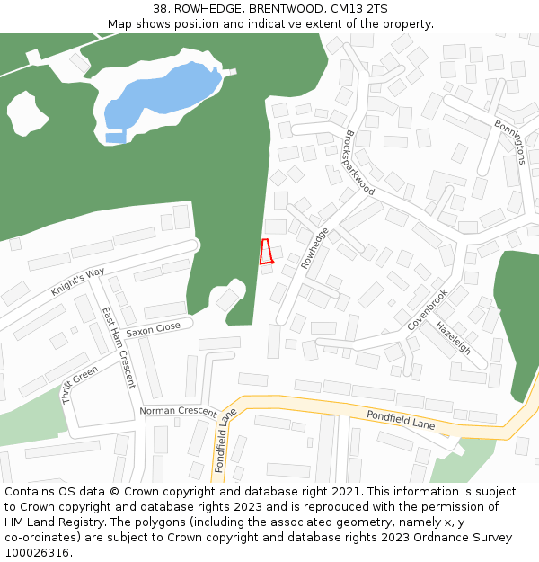 38, ROWHEDGE, BRENTWOOD, CM13 2TS: Location map and indicative extent of plot