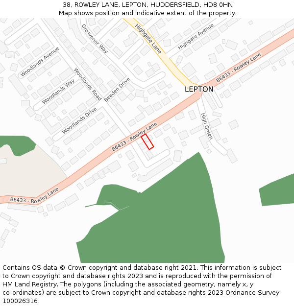 38, ROWLEY LANE, LEPTON, HUDDERSFIELD, HD8 0HN: Location map and indicative extent of plot