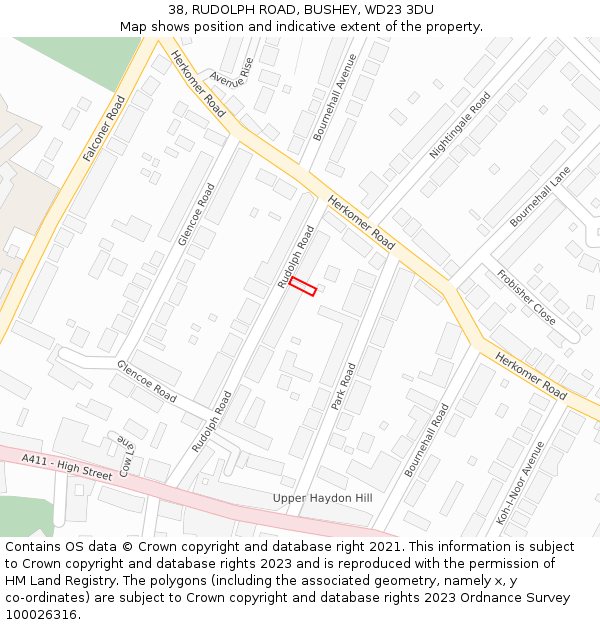 38, RUDOLPH ROAD, BUSHEY, WD23 3DU: Location map and indicative extent of plot