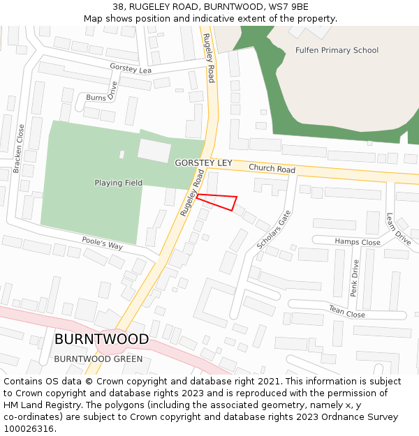 38, RUGELEY ROAD, BURNTWOOD, WS7 9BE: Location map and indicative extent of plot