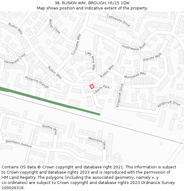 38, RUSKIN WAY, BROUGH, HU15 1GW: Location map and indicative extent of plot