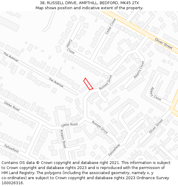 38, RUSSELL DRIVE, AMPTHILL, BEDFORD, MK45 2TX: Location map and indicative extent of plot