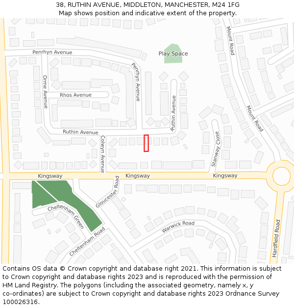 38, RUTHIN AVENUE, MIDDLETON, MANCHESTER, M24 1FG: Location map and indicative extent of plot