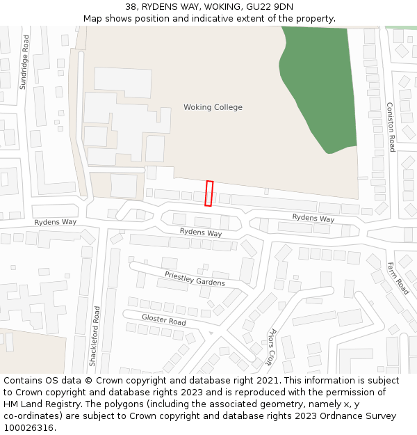 38, RYDENS WAY, WOKING, GU22 9DN: Location map and indicative extent of plot