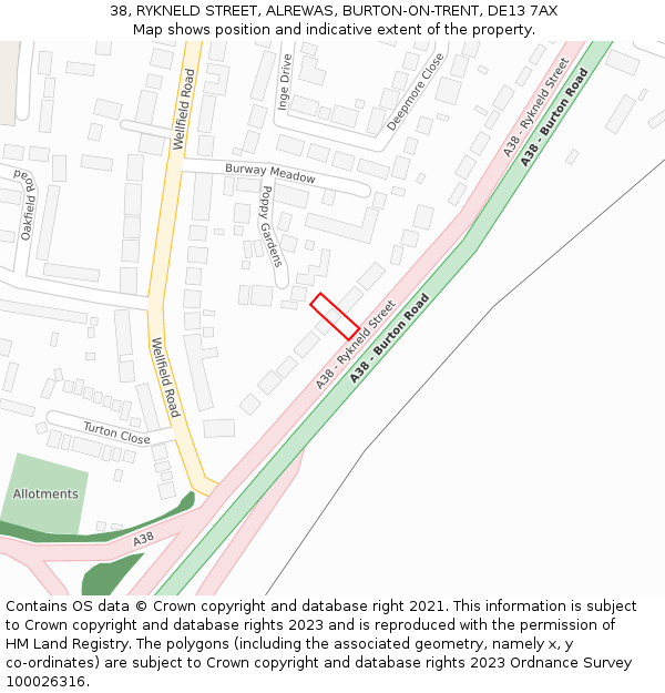 38, RYKNELD STREET, ALREWAS, BURTON-ON-TRENT, DE13 7AX: Location map and indicative extent of plot