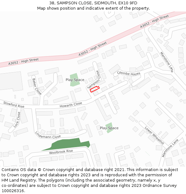 38, SAMPSON CLOSE, SIDMOUTH, EX10 9FD: Location map and indicative extent of plot