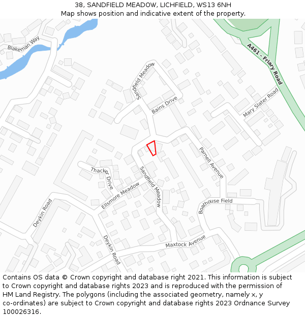 38, SANDFIELD MEADOW, LICHFIELD, WS13 6NH: Location map and indicative extent of plot