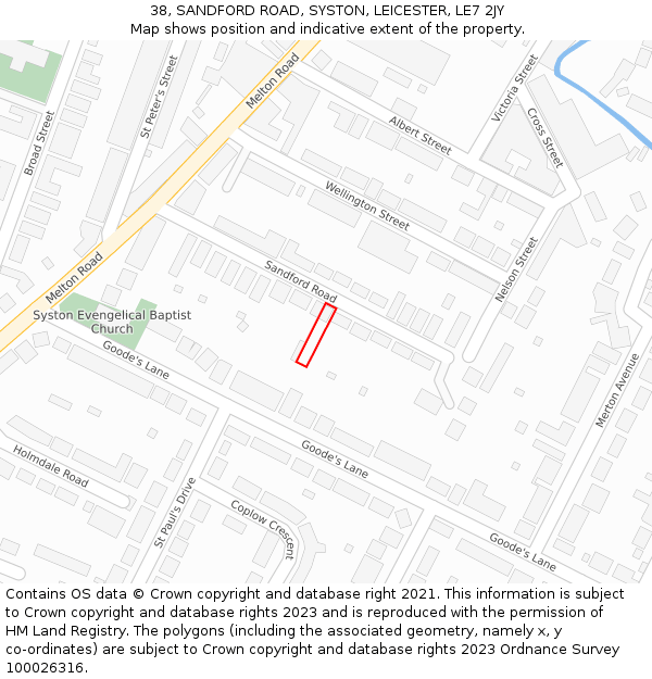 38, SANDFORD ROAD, SYSTON, LEICESTER, LE7 2JY: Location map and indicative extent of plot