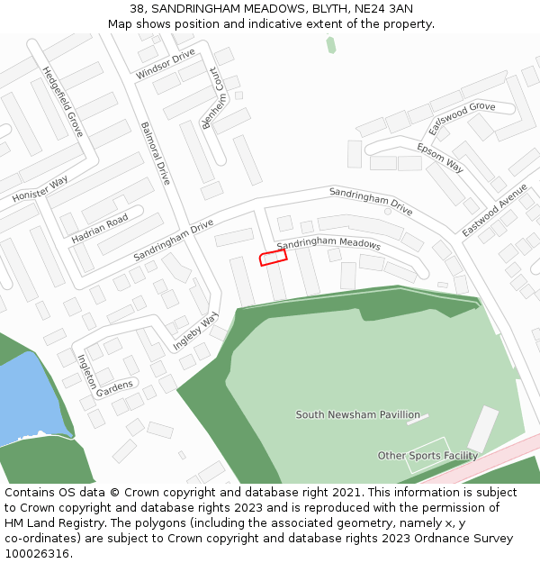 38, SANDRINGHAM MEADOWS, BLYTH, NE24 3AN: Location map and indicative extent of plot