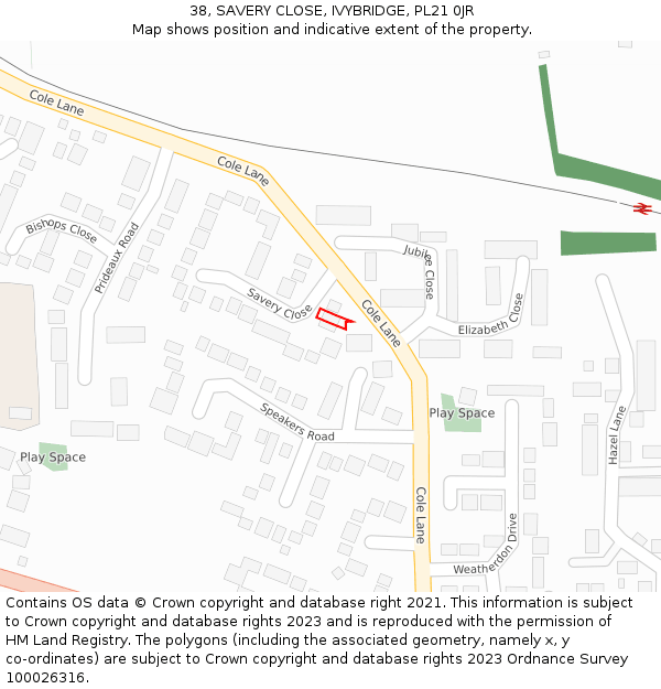 38, SAVERY CLOSE, IVYBRIDGE, PL21 0JR: Location map and indicative extent of plot