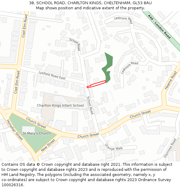 38, SCHOOL ROAD, CHARLTON KINGS, CHELTENHAM, GL53 8AU: Location map and indicative extent of plot