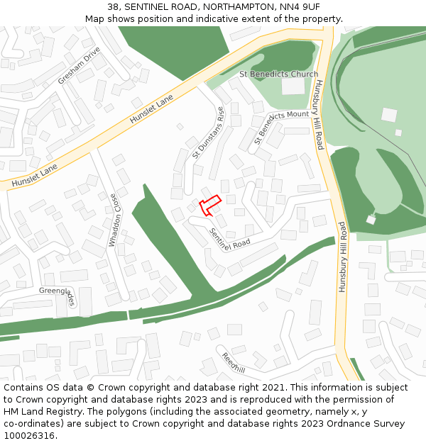 38, SENTINEL ROAD, NORTHAMPTON, NN4 9UF: Location map and indicative extent of plot