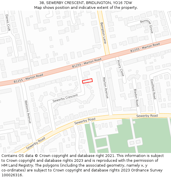 38, SEWERBY CRESCENT, BRIDLINGTON, YO16 7DW: Location map and indicative extent of plot