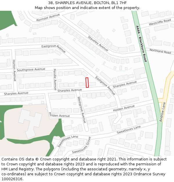 38, SHARPLES AVENUE, BOLTON, BL1 7HF: Location map and indicative extent of plot