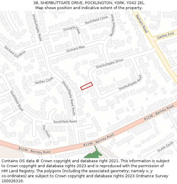 38, SHERBUTTGATE DRIVE, POCKLINGTON, YORK, YO42 2EL: Location map and indicative extent of plot