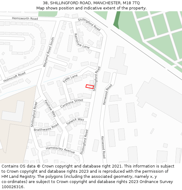 38, SHILLINGFORD ROAD, MANCHESTER, M18 7TQ: Location map and indicative extent of plot