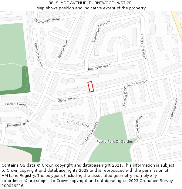 38, SLADE AVENUE, BURNTWOOD, WS7 2EL: Location map and indicative extent of plot