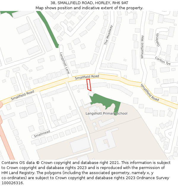 38, SMALLFIELD ROAD, HORLEY, RH6 9AT: Location map and indicative extent of plot