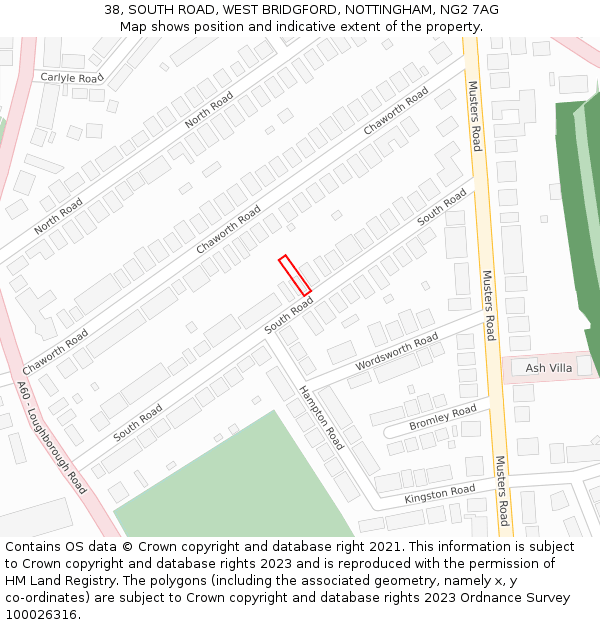 38, SOUTH ROAD, WEST BRIDGFORD, NOTTINGHAM, NG2 7AG: Location map and indicative extent of plot