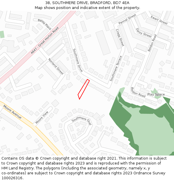 38, SOUTHMERE DRIVE, BRADFORD, BD7 4EA: Location map and indicative extent of plot