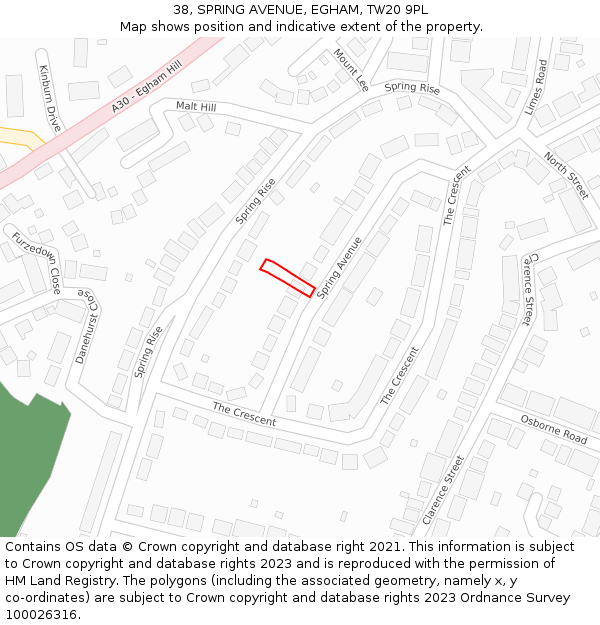 38, SPRING AVENUE, EGHAM, TW20 9PL: Location map and indicative extent of plot