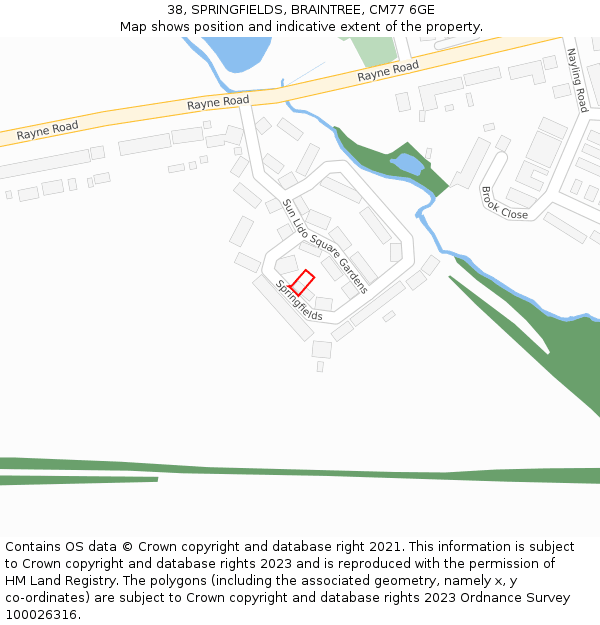 38, SPRINGFIELDS, BRAINTREE, CM77 6GE: Location map and indicative extent of plot