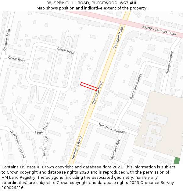 38, SPRINGHILL ROAD, BURNTWOOD, WS7 4UL: Location map and indicative extent of plot