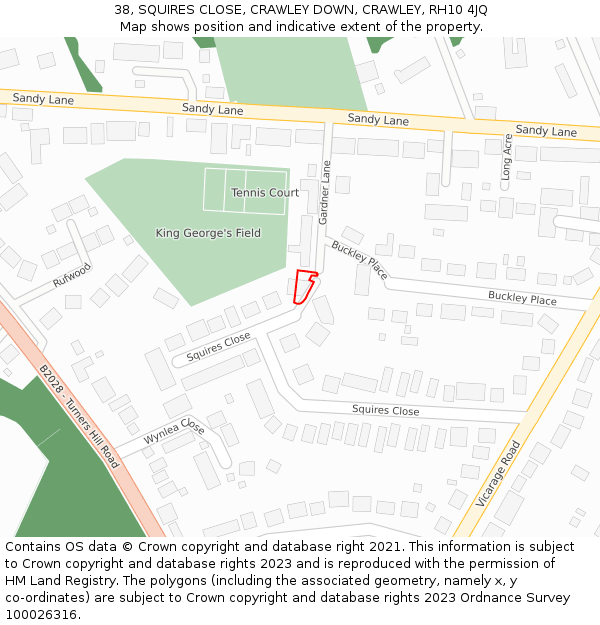 38, SQUIRES CLOSE, CRAWLEY DOWN, CRAWLEY, RH10 4JQ: Location map and indicative extent of plot