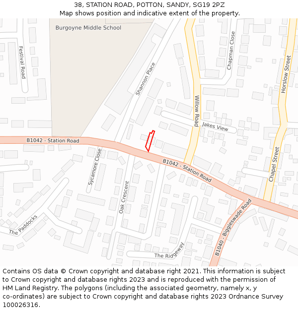 38, STATION ROAD, POTTON, SANDY, SG19 2PZ: Location map and indicative extent of plot