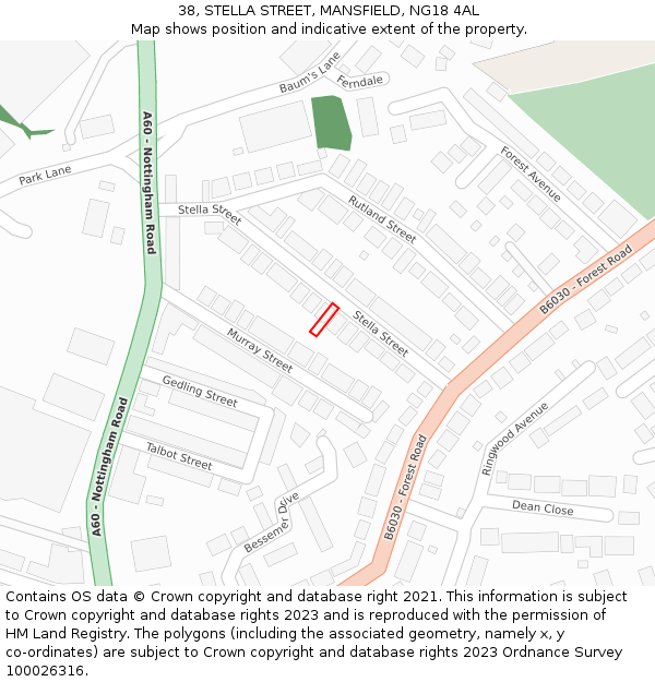 38, STELLA STREET, MANSFIELD, NG18 4AL: Location map and indicative extent of plot