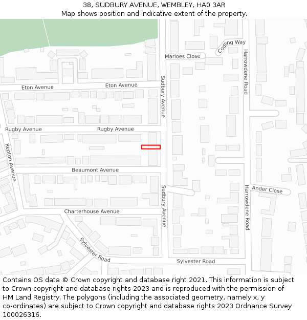 38, SUDBURY AVENUE, WEMBLEY, HA0 3AR: Location map and indicative extent of plot