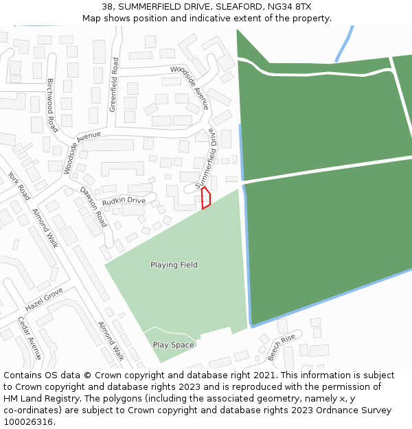 38, SUMMERFIELD DRIVE, SLEAFORD, NG34 8TX: Location map and indicative extent of plot