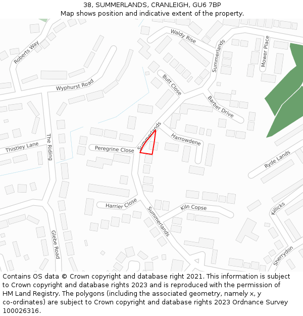 38, SUMMERLANDS, CRANLEIGH, GU6 7BP: Location map and indicative extent of plot